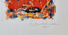 Load image into Gallery viewer, Hans Burkhardt "Abstract Orange forms" linocut (hand painted monoprint)