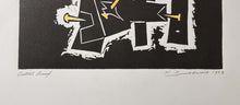 Load image into Gallery viewer, Hans Burkhardt "Abstract with purple, red and blue circles" linocut