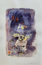 Load image into Gallery viewer, Hans Burkhardt Artwork pastel entitled Distant cathedrals in purple