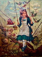 Load image into Gallery viewer, Victor Huerta Batista Alicia en el País de las Maravillas painting featuring a reimagined Alice surrounded by whimsical characters.