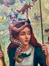 Load image into Gallery viewer, Victor Huerta Batista Alicia en el País de las Maravillas painting featuring a girl with a clown and vibrant imagery.