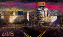Load image into Gallery viewer, Acrylic and collage painting by Martin Riwnyj titled Anochecer Escarlata, depicting a cityscape with buildings and traffic signs.